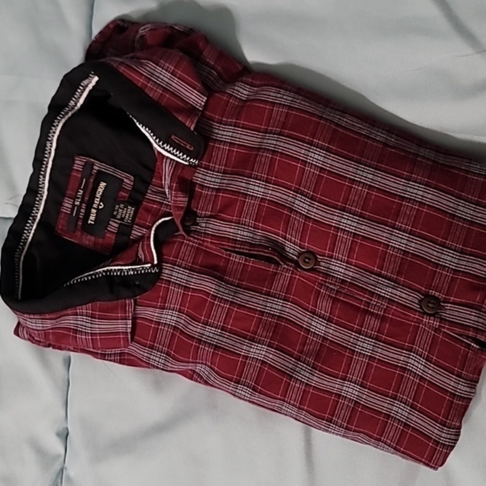 TRUE RELIGION Maroon/White/Black Plaid‎ LS Button-Down Slim Fit Shirt Men's XL